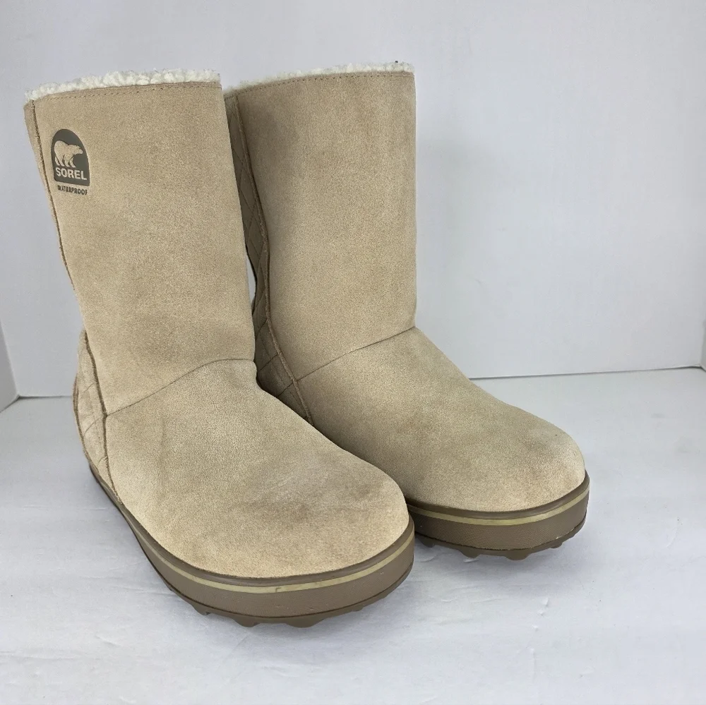 Sorel Women’s Glacy Winter Boots Size 7 Brown Tan Suede Waterproof Boots Slip on
